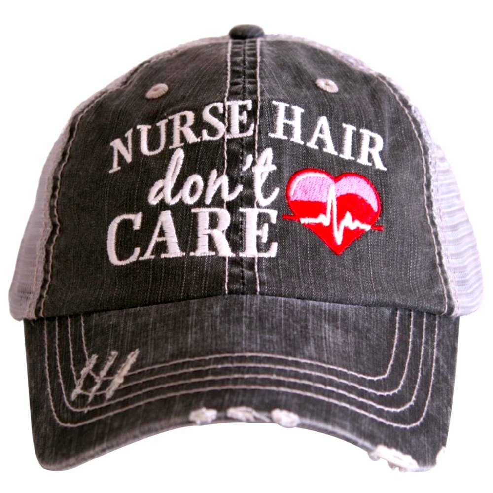 Black and Gray Distress w Mesh “Nurse Hair Don’t Care” Hat w Heart Embroidery